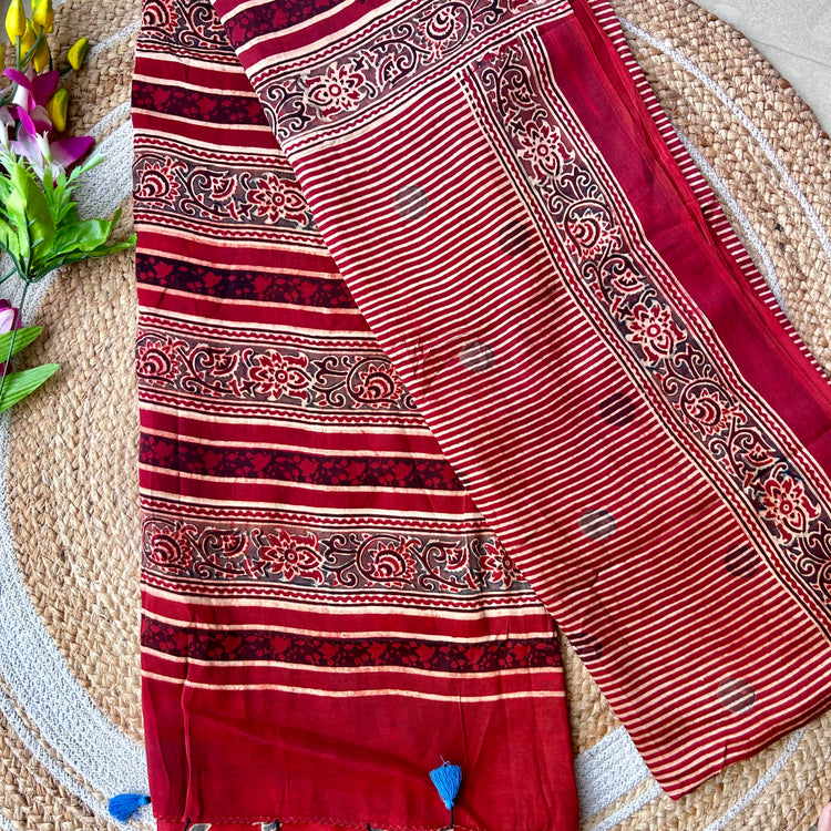 RUSTIC RED AJRAK BLOCK PRINTED MODAL SILK SARI
