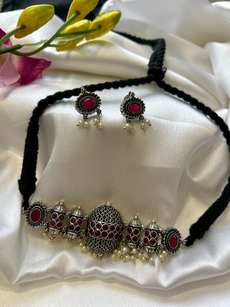 Deep Pink Stone Oxidised Choker Set