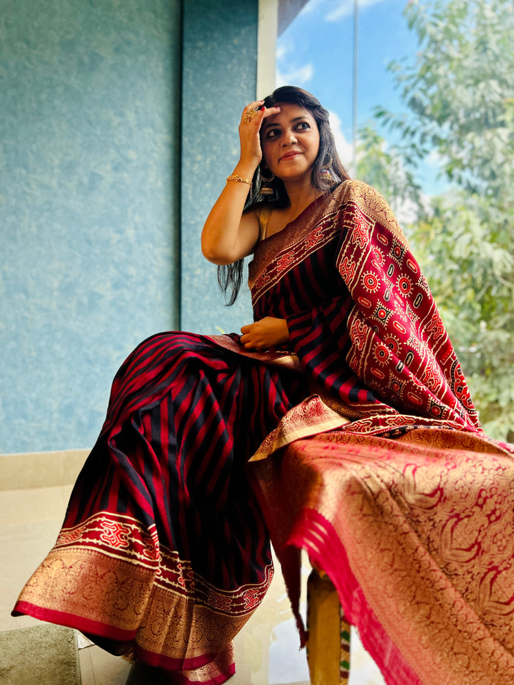 MAROON AJRAK BLOCK PRINTED DOLA SILK SARI