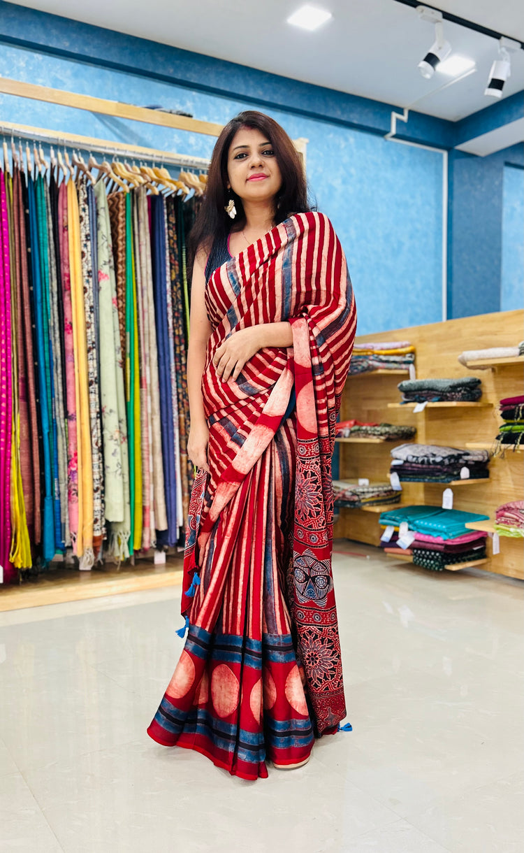 MAROON AJRAK BLOCK PRINTED MODAL SILK SARI