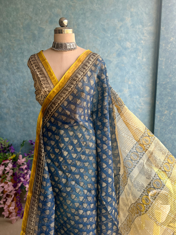 Steel Blue HandBlock Printed Kota Sari