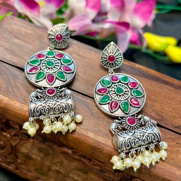 Multicolour Stone Silver Oxidised Earrings