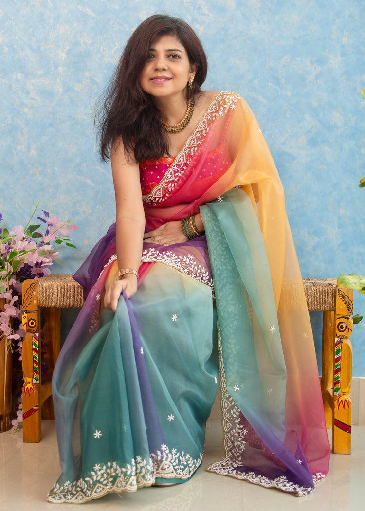 Multi Shades Hand Embroidery on Organza Sari
