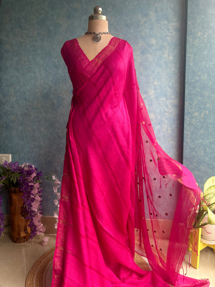 Magenta Handloom Matka Muslin Silk Sari