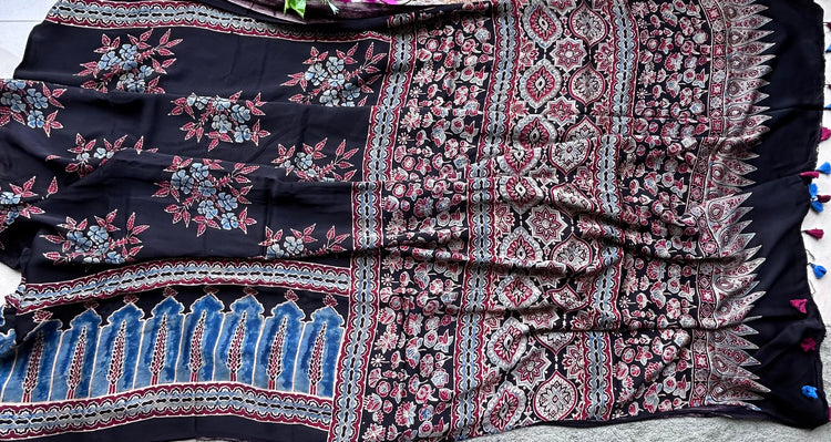 BLACK AJRAK BLOCK PRINTED MODAL SILK SARI