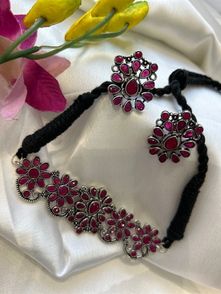 Pink Oxidised Choker Set