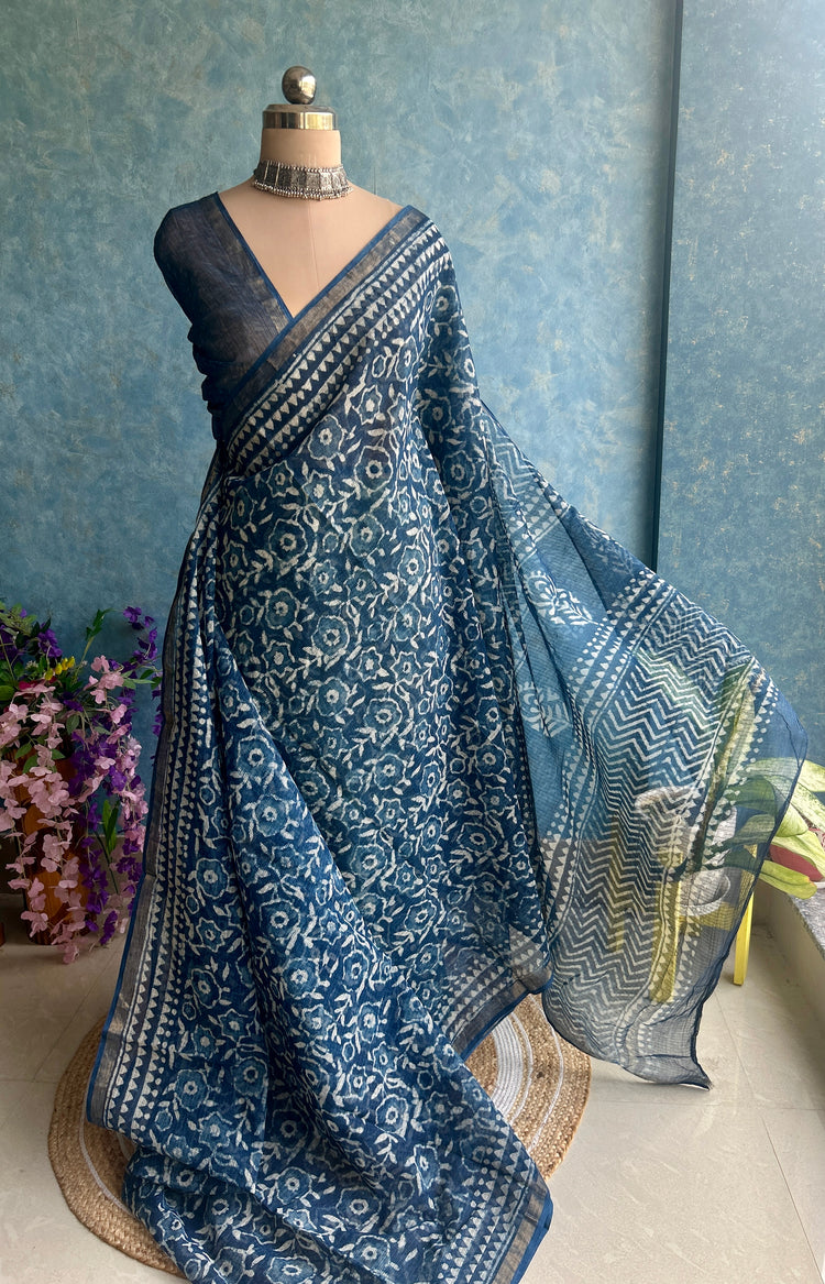 Indigo HandBlock Printed Kota Sari