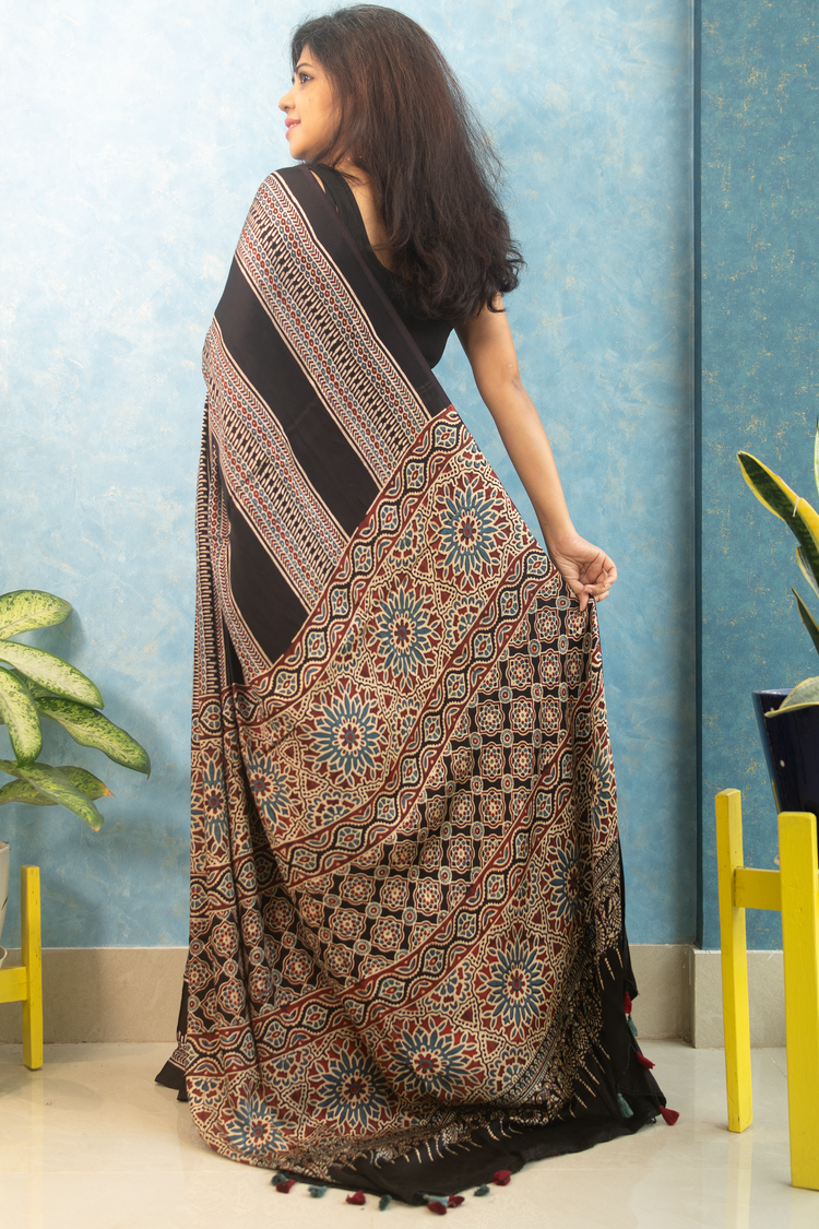 BLACK AJRAK BLOCK PRINTED MODAL SILK SARI
