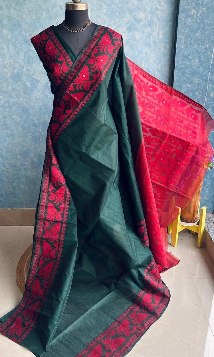 Deep Green & Red Bengal Cotton Jamdani