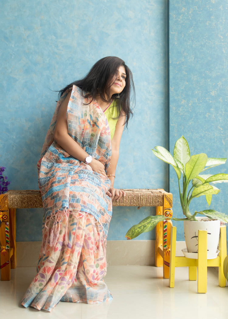 Linen Floral Print with Kantha stitch
