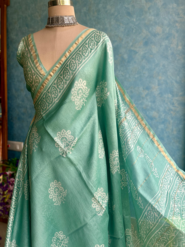 Cruise Teal Hand Block Printed Chanderi Sar