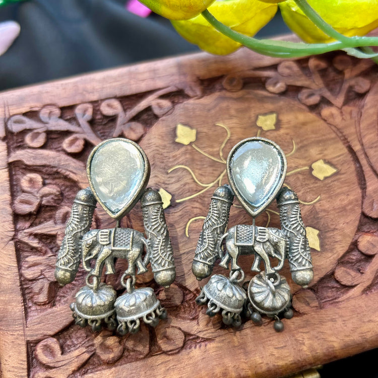 Monalisa Stone Silver Oxidised Jhumka
