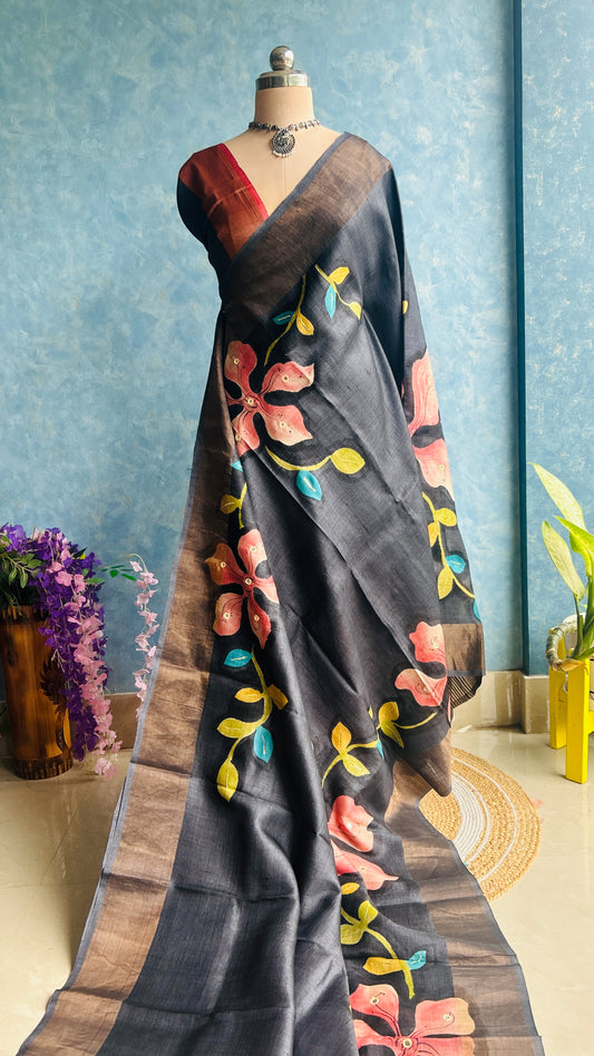 Black HandPaint on Pure Tussar Silk