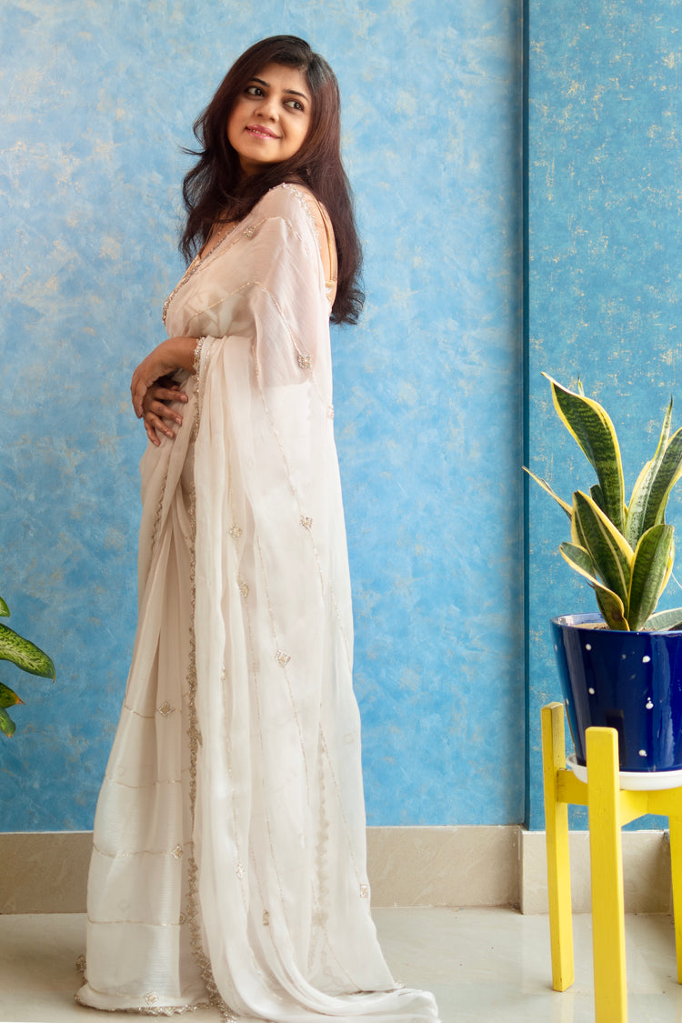 Hand Embroidery on White Jimmy Choo Sari