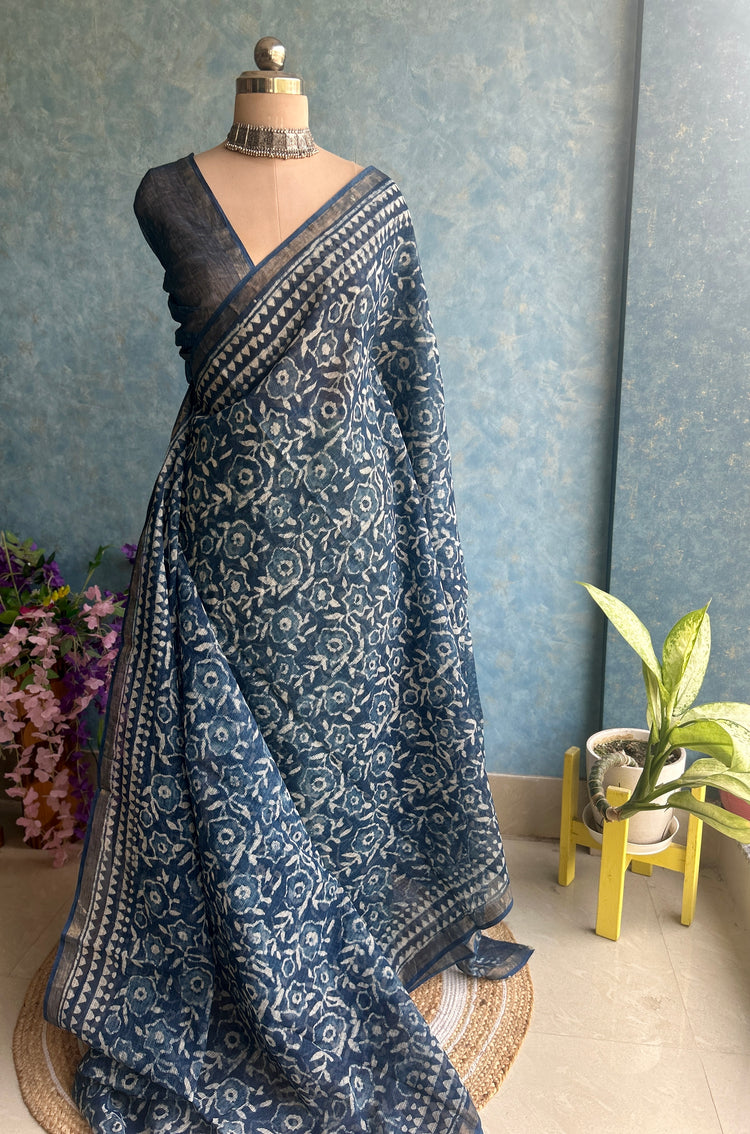 Indigo HandBlock Printed Kota Sari