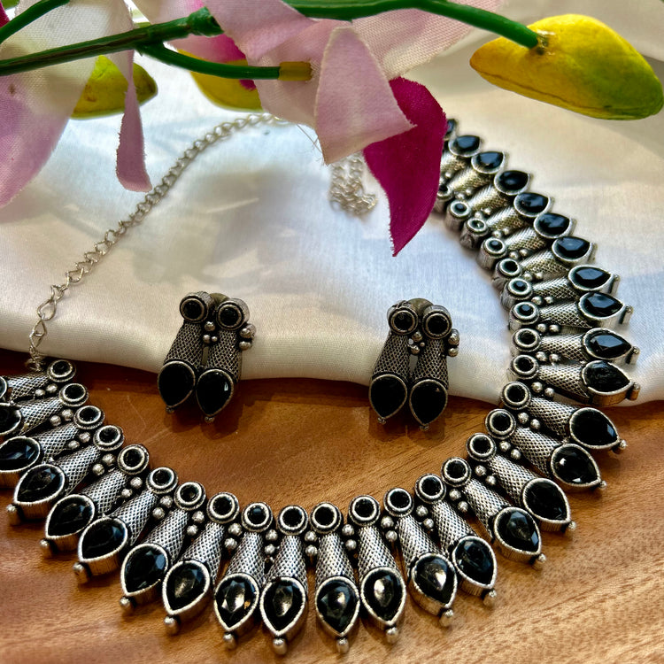 Black Silver Look Alike Oxidised Necklace Set