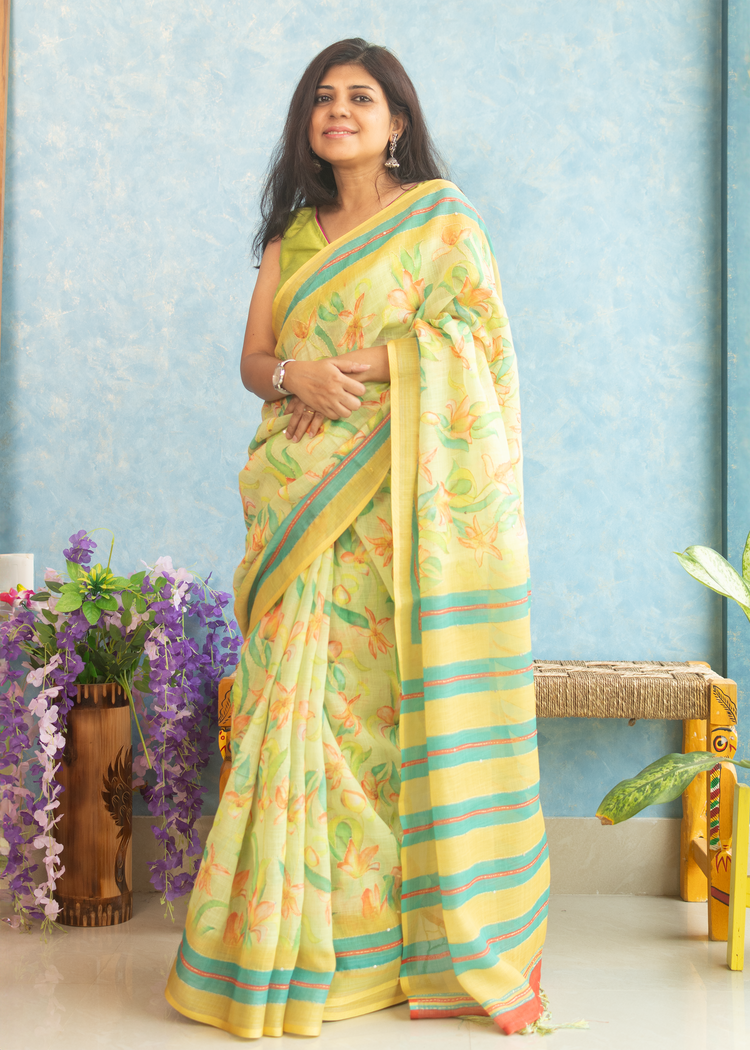 Linen Floral Print with Kantha stitch