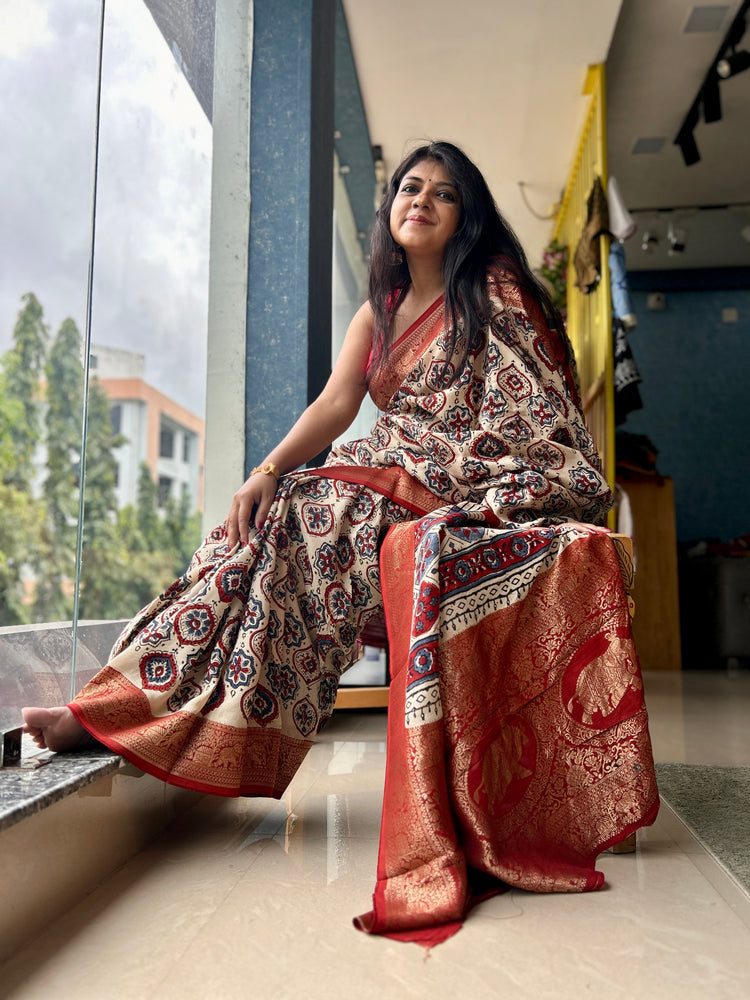 IVORY AJRAK BLOCK PRINTED DOLA SILK SARI