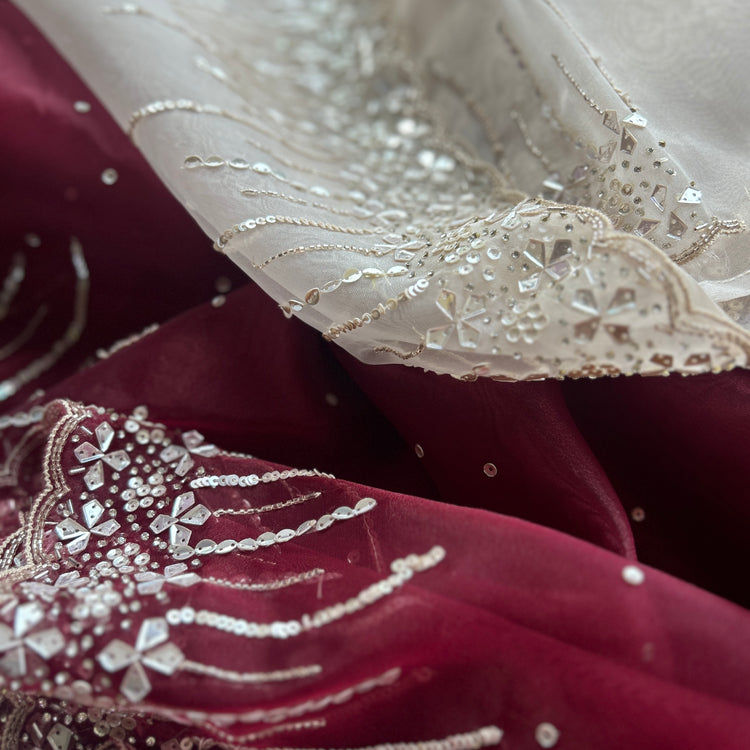 Maroon and Perl Colour Hand Embroidery on Organza Sari