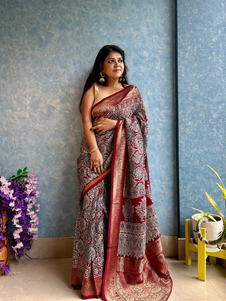MAROON AJRAK BLOCK PRINTED DOLA SILK SARI