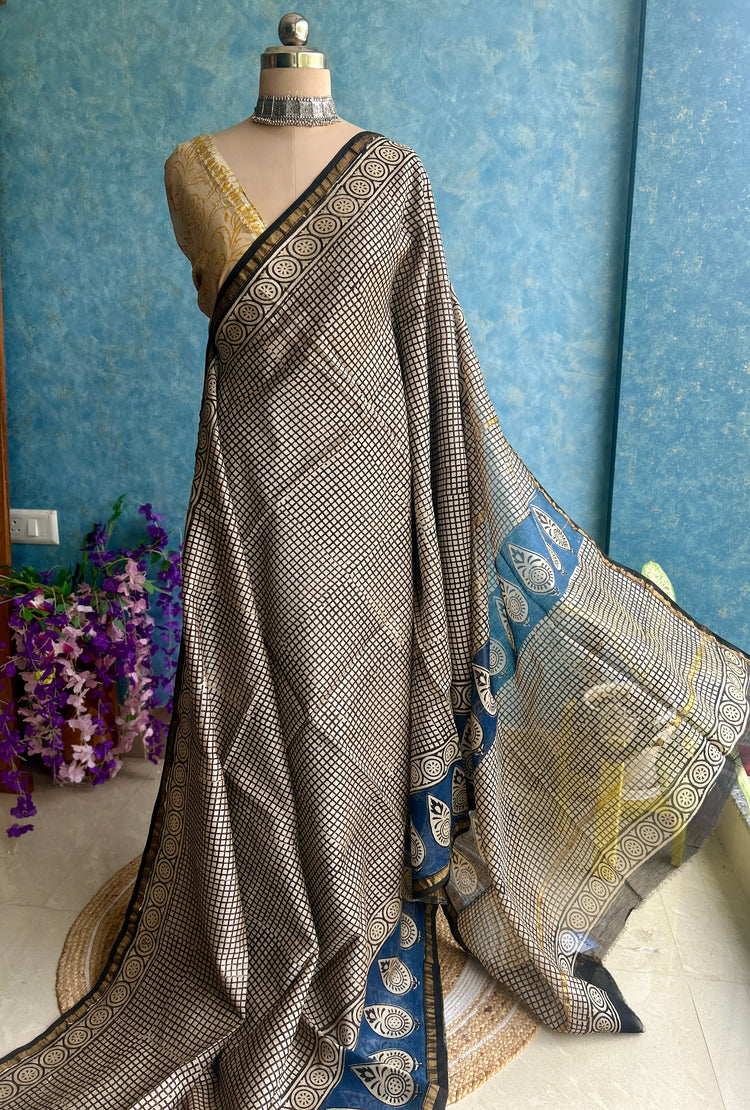 Checks Hand Block Printed Chanderi Sari