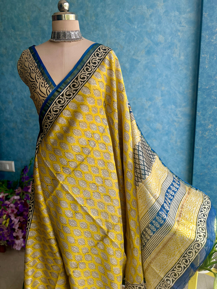 Yellow Hand Block Printed Chanderi Sari