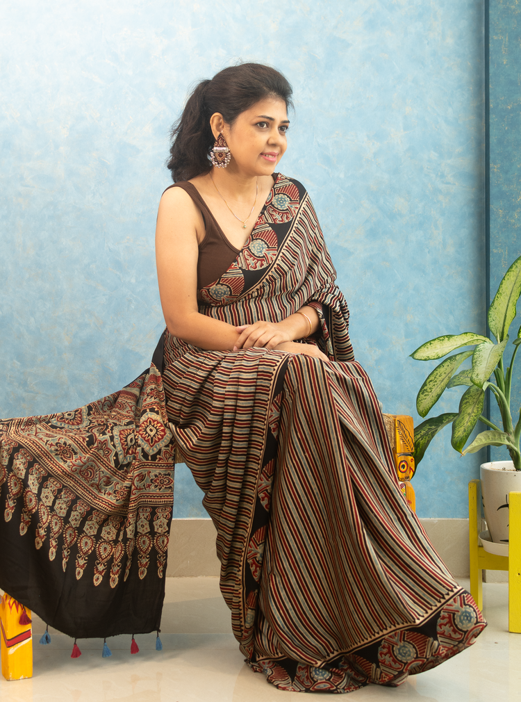 MULTICOLOR AJRAK BLOCK PRINTED MODAL SILK SARI