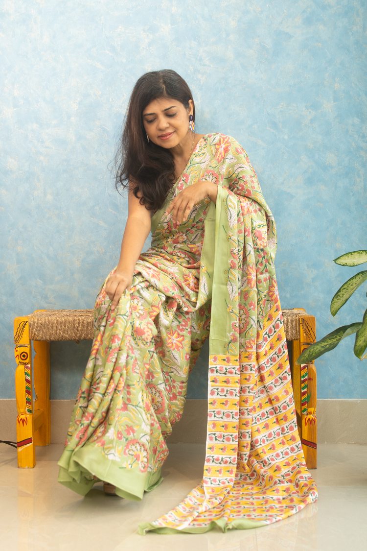 GREEN FLORAL PRINT MODAL SILK SARI
