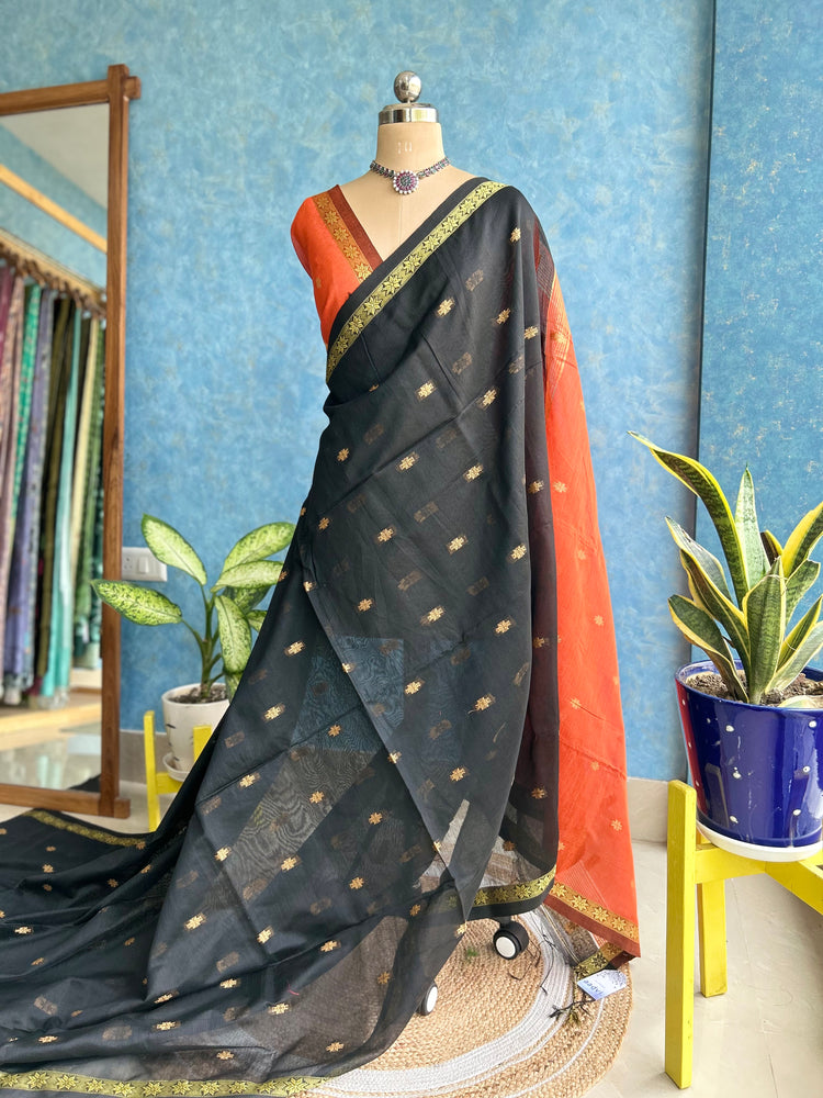 Handwoven Black with Orange Cotton Silk Sari