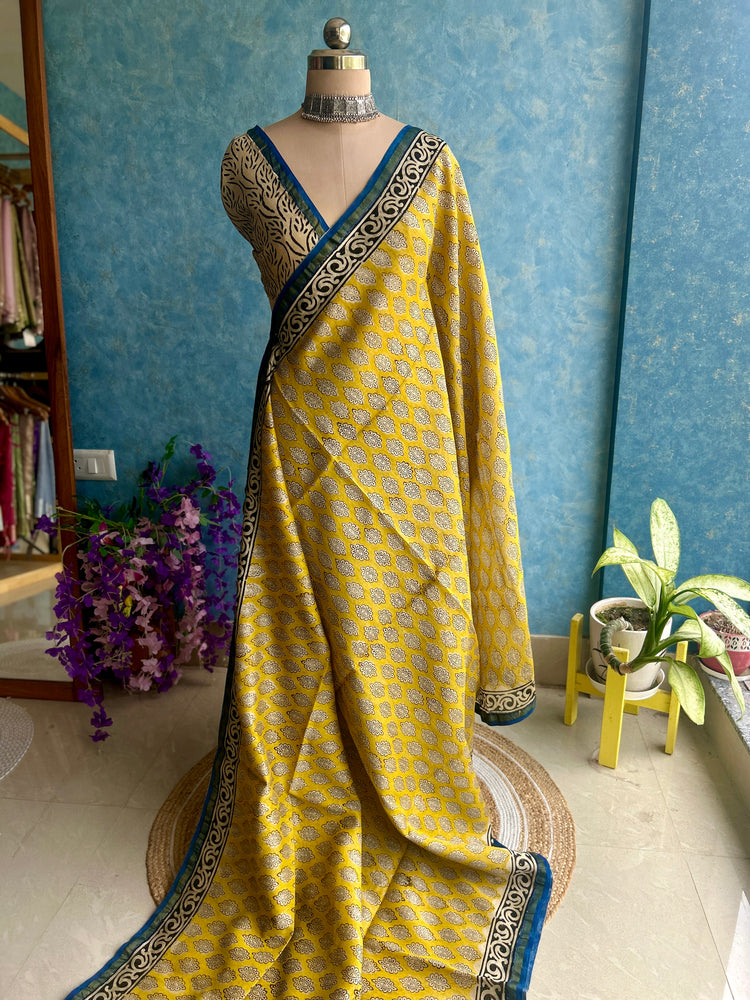 Yellow Hand Block Printed Chanderi Sari
