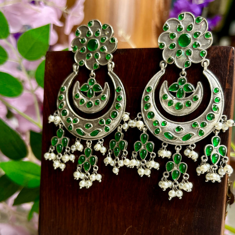 Green Silver Oxidised Earrings
