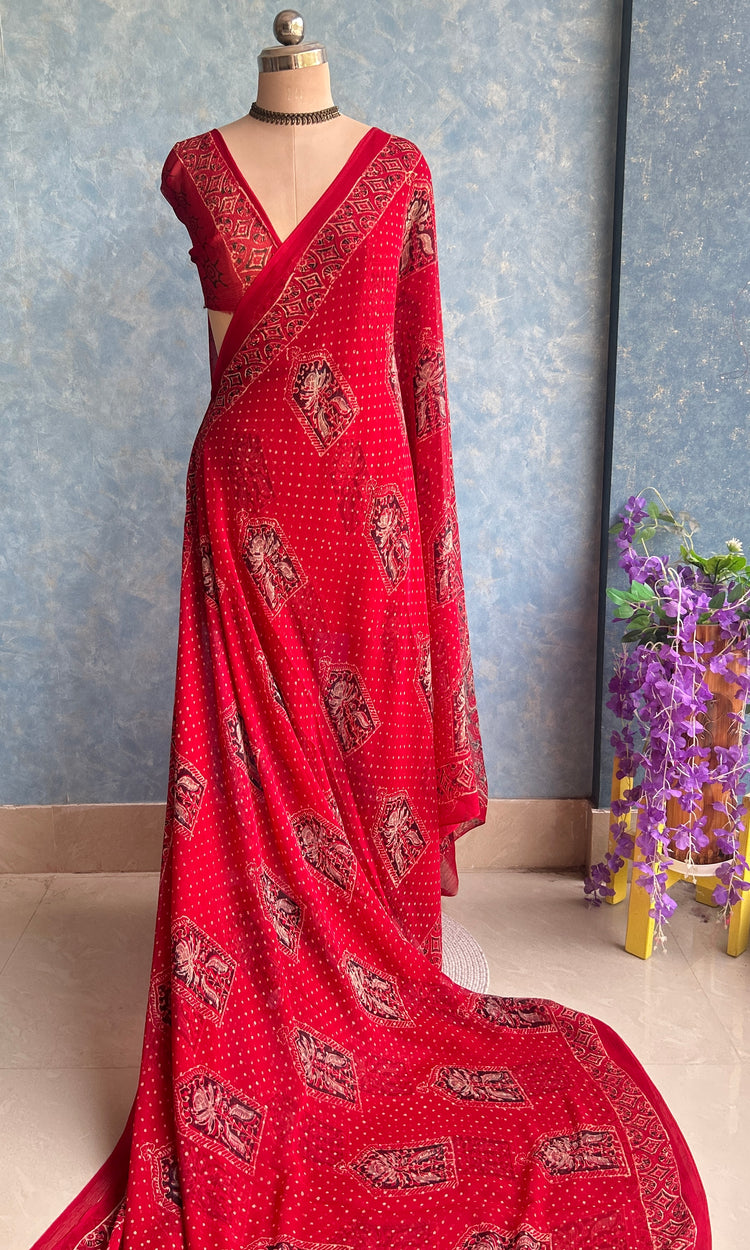 Red Chiffon Handblock Printed Saree