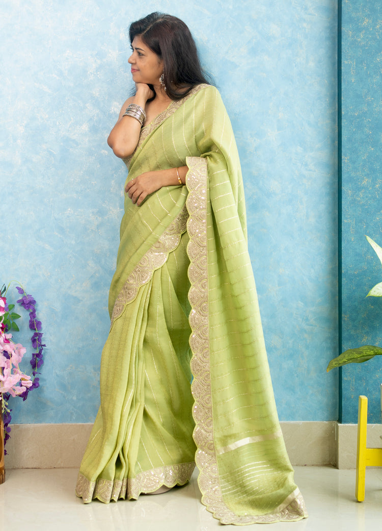 Pista Green Tissue Saree with Golden Scallop Border
