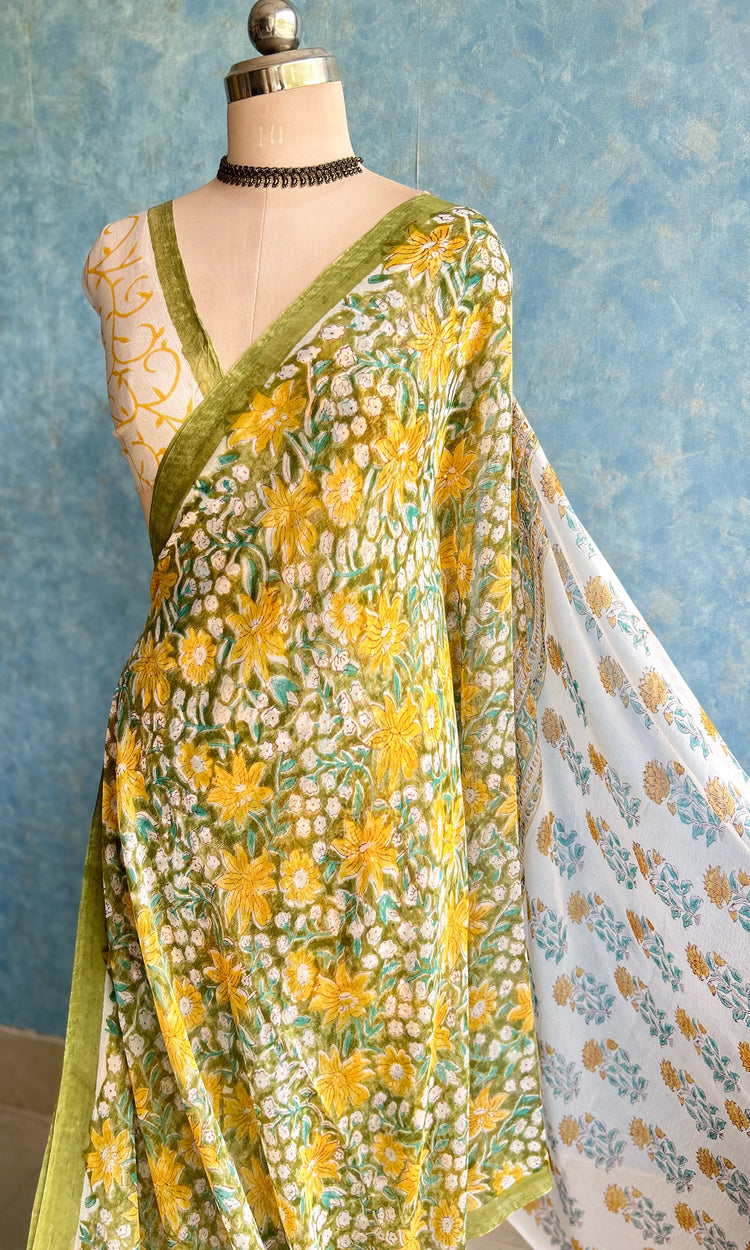 Floral Chiffon Handblock Printed Saree