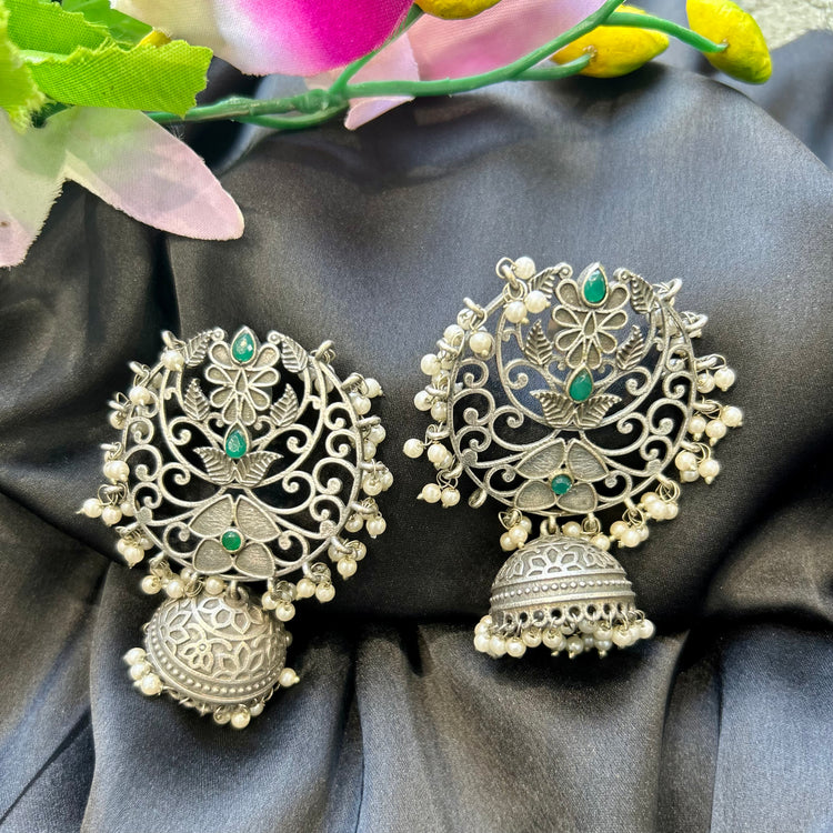 Green Stone Silver Oxidised Jhumka