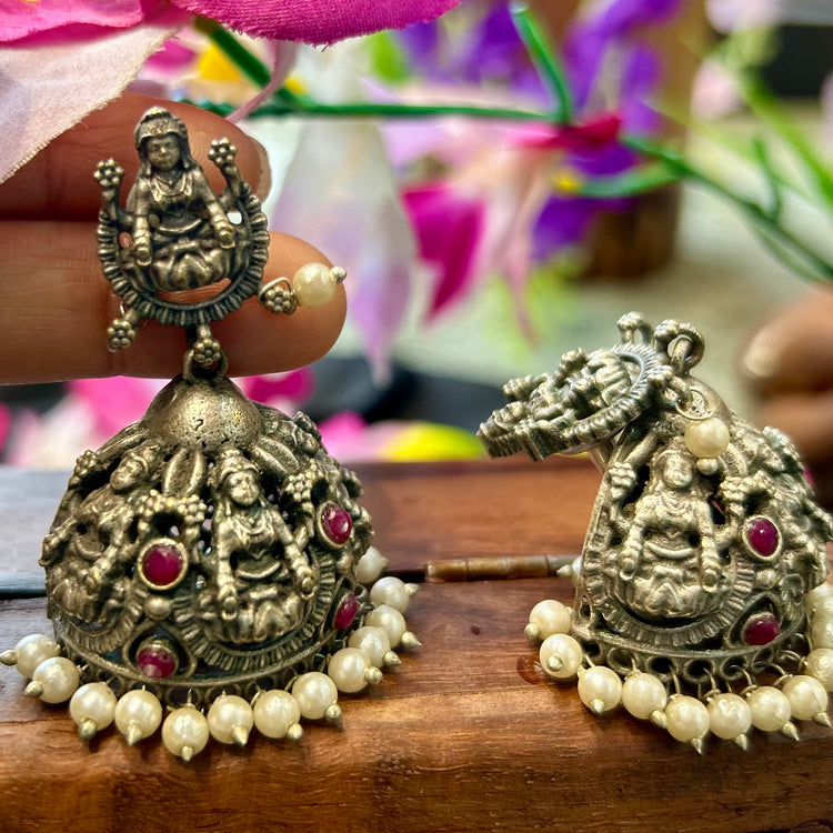Pink Stone Silver Oxidised Jhumka