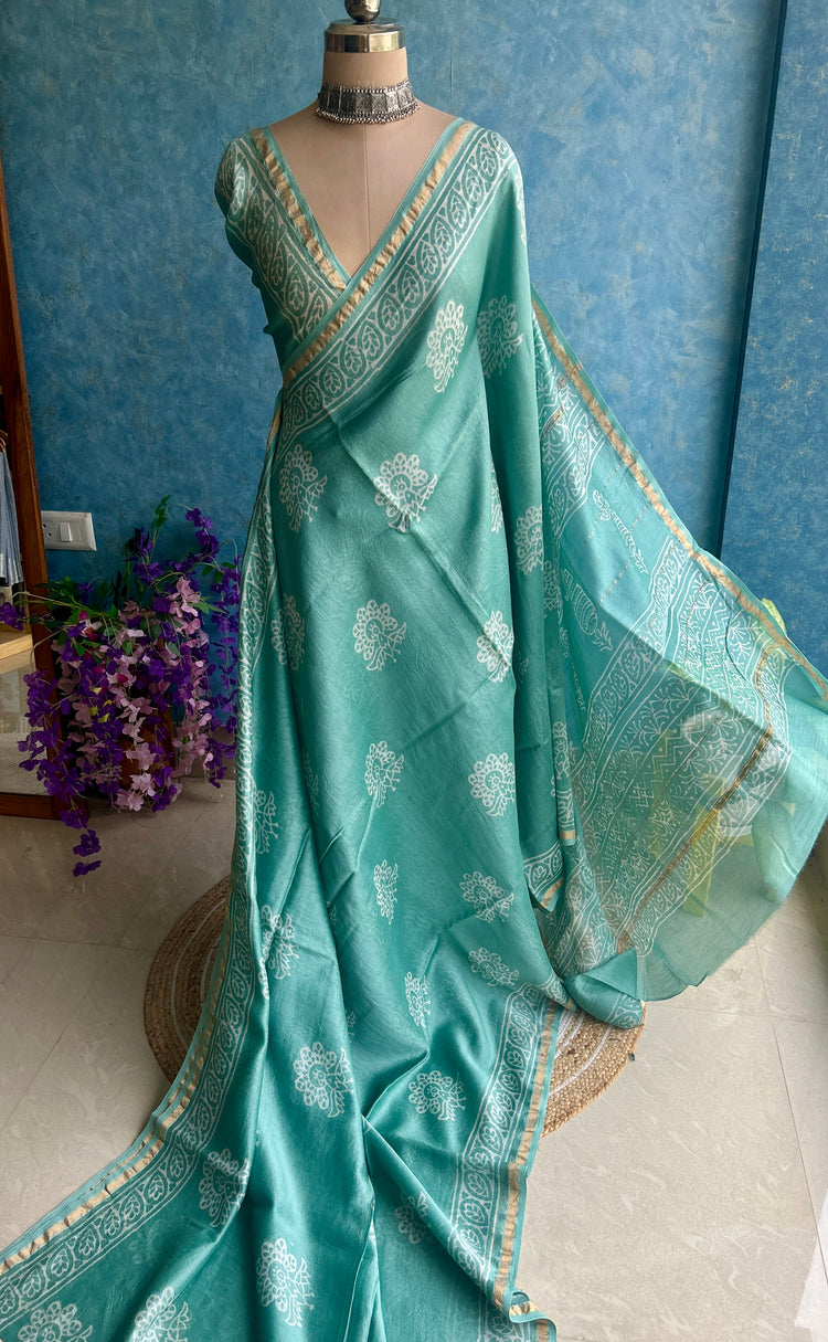 Cruise Teal Hand Block Printed Chanderi Sar