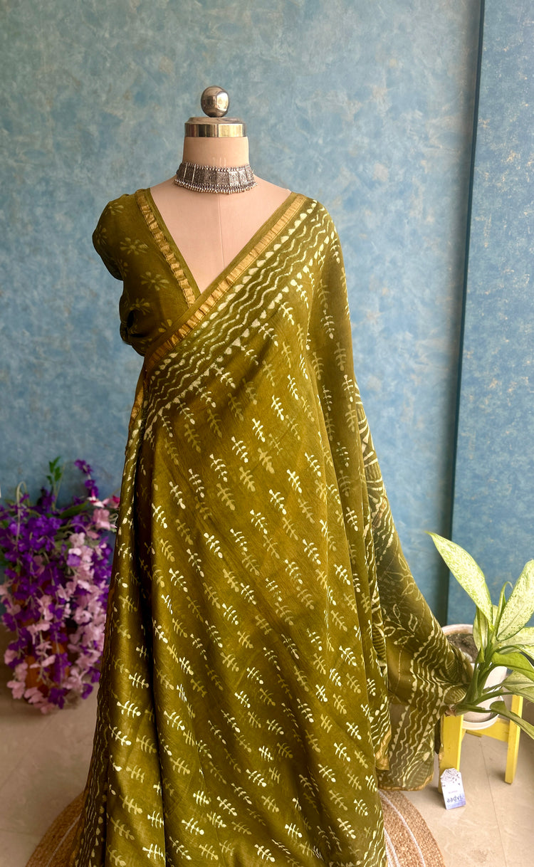 Mahendi Green Hand Block Printed Chanderi Sari