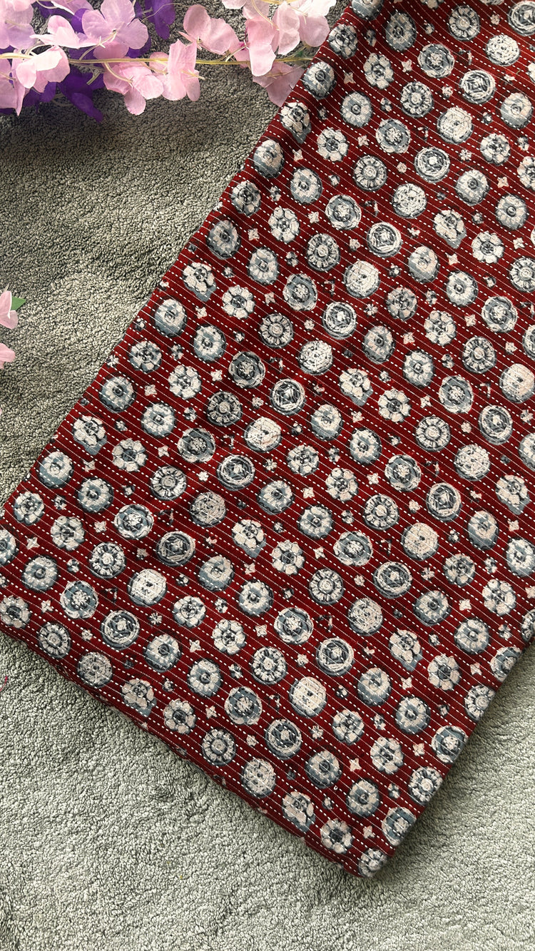 Maroon Ajrakh Print with kantha stitch on Cotton Fabric