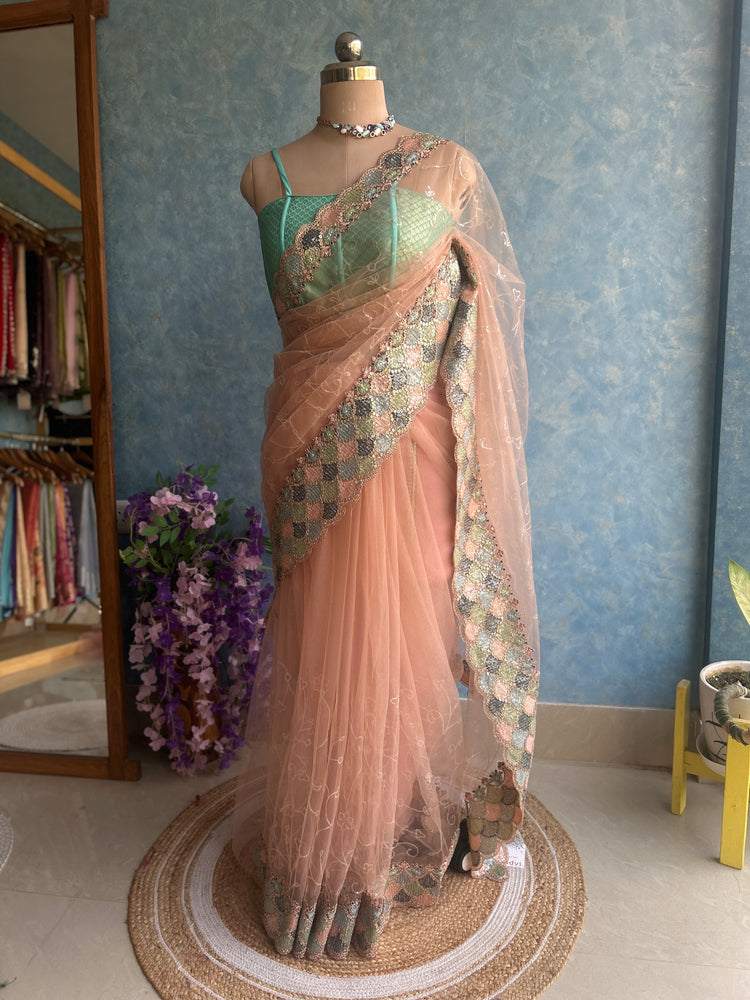 Peach Shades Designer Net Sari