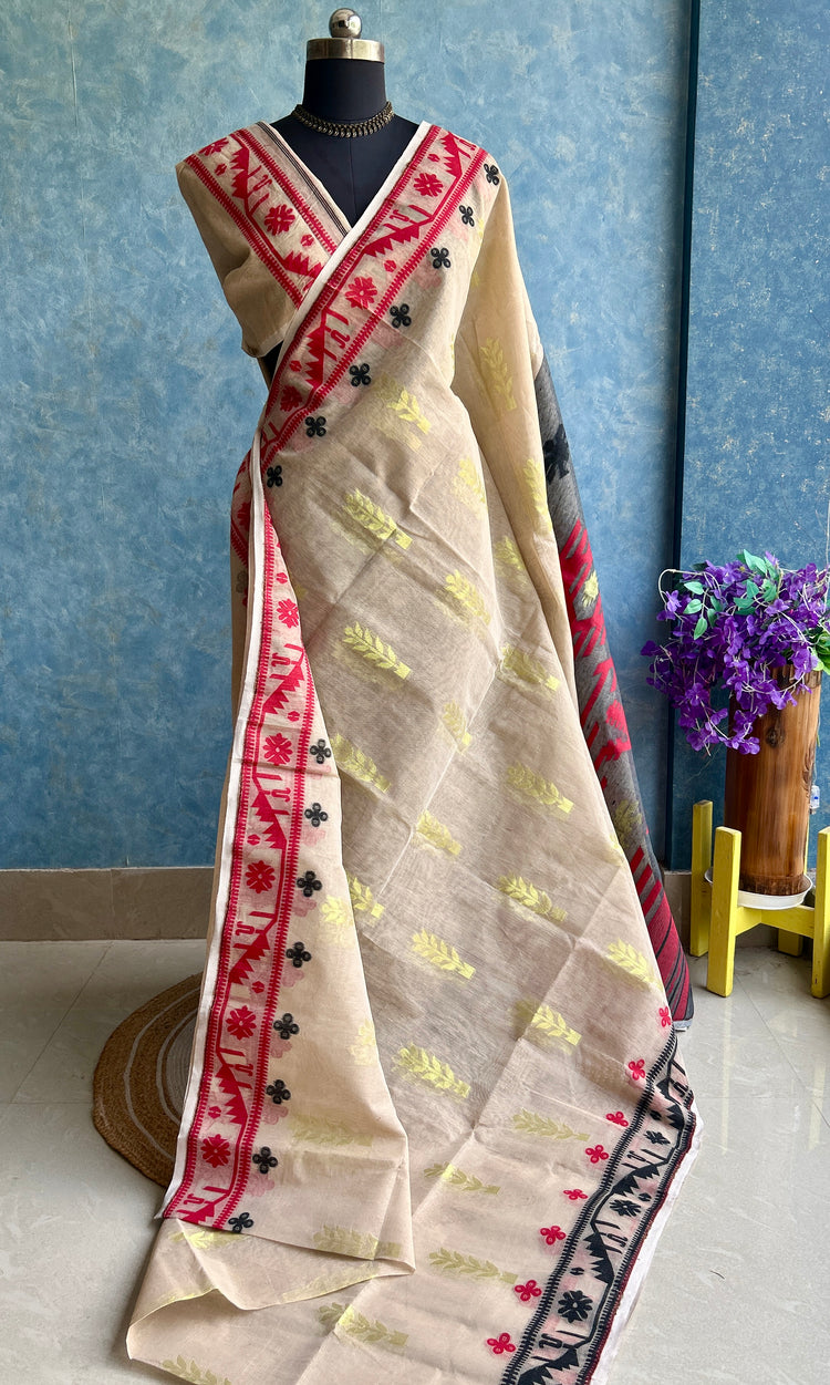 Ganga-Jamuna - Beige with Red & Black Dual Border Jamdani