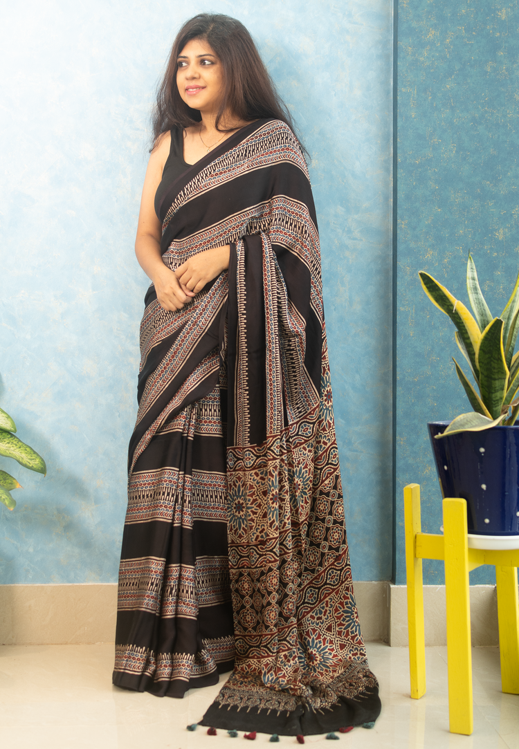 BLACK AJRAK BLOCK PRINTED MODAL SILK SARI