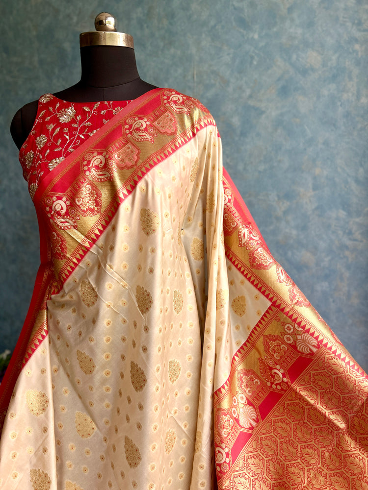 Golden Zari Red Soft Silk Sari