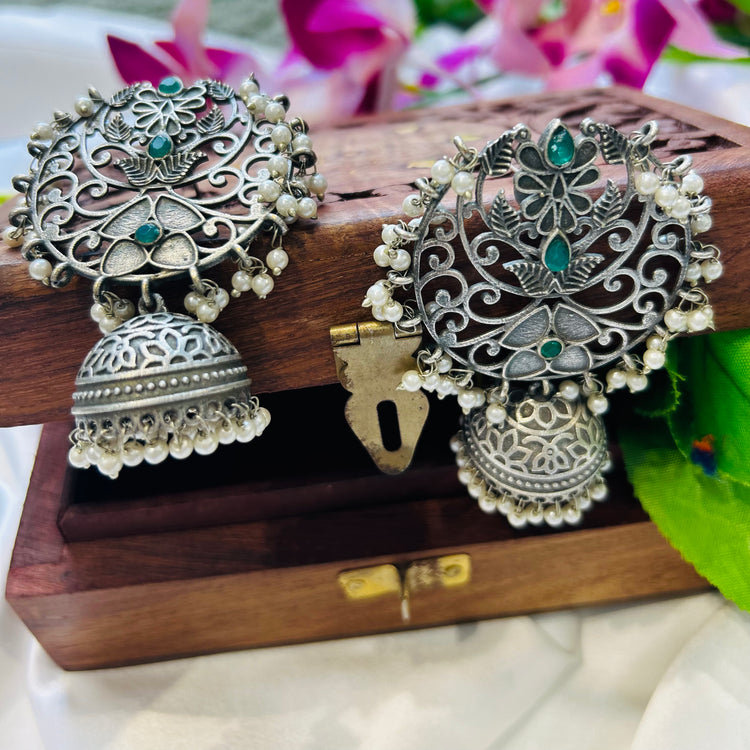 Green Stone Silver Oxidised Jhumka