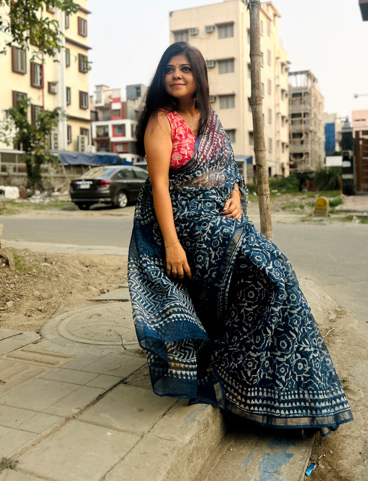 Indigo HandBlock Printed Kota Sari
