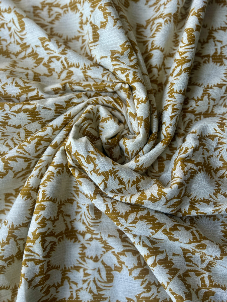 Mustard Ajrakh Print with kantha on Cotton Fabric