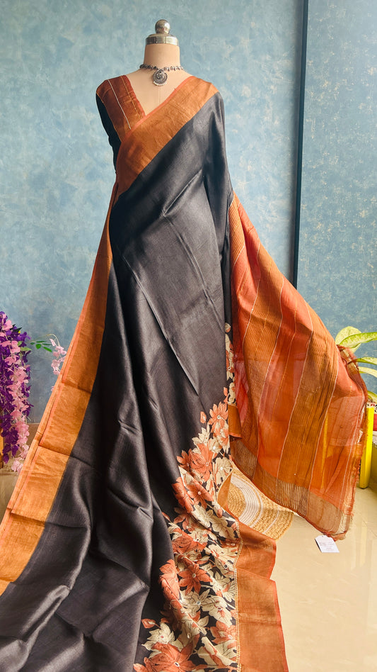 Black ScreenPrint on Pure Tussar Silk