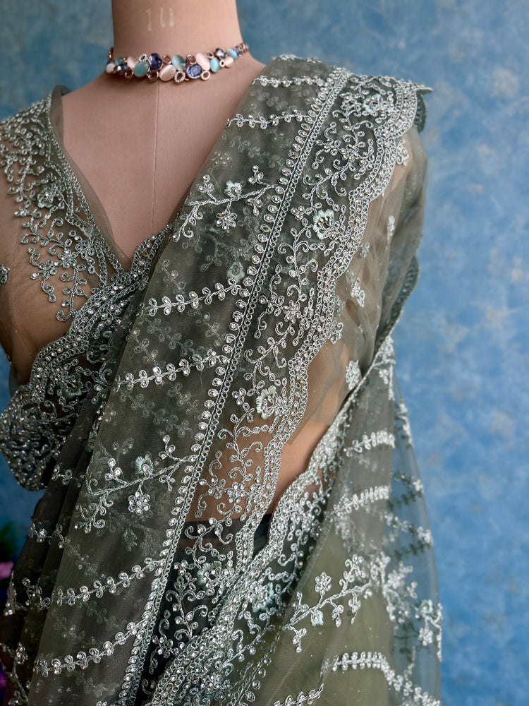 Seaweed Green Embroidery on Net Sari