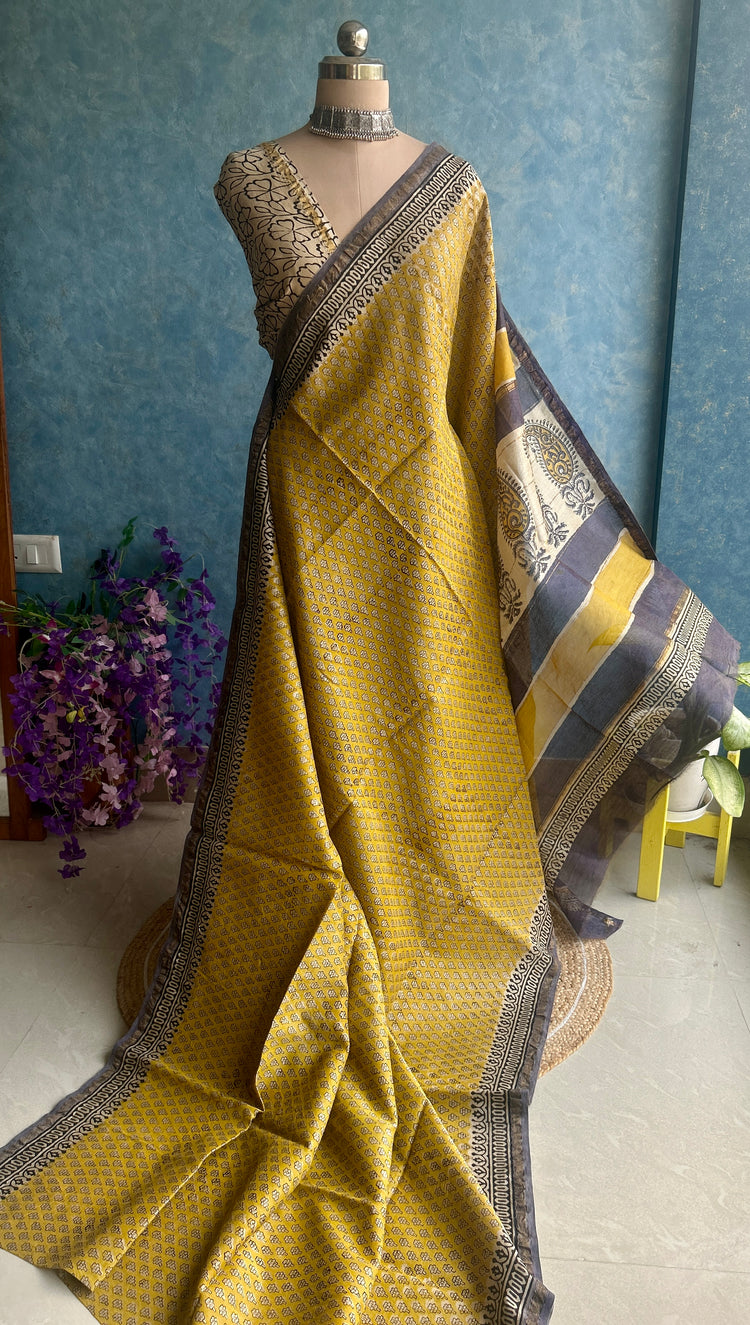 Titanium Hand Block Printed Chanderi Sar