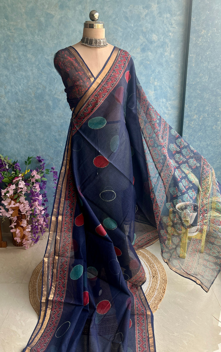 Navy Blue HandBlock Printed Kota Sari